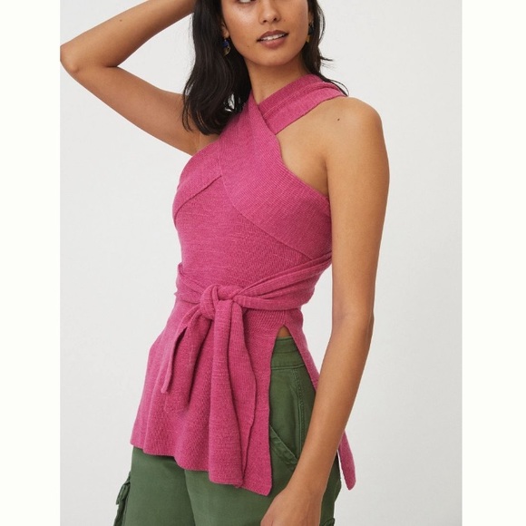 Anthropologie Daily Practice Convertible Sweater Top XL Pink Knit Wrap Halter - Picture 1 of 16
